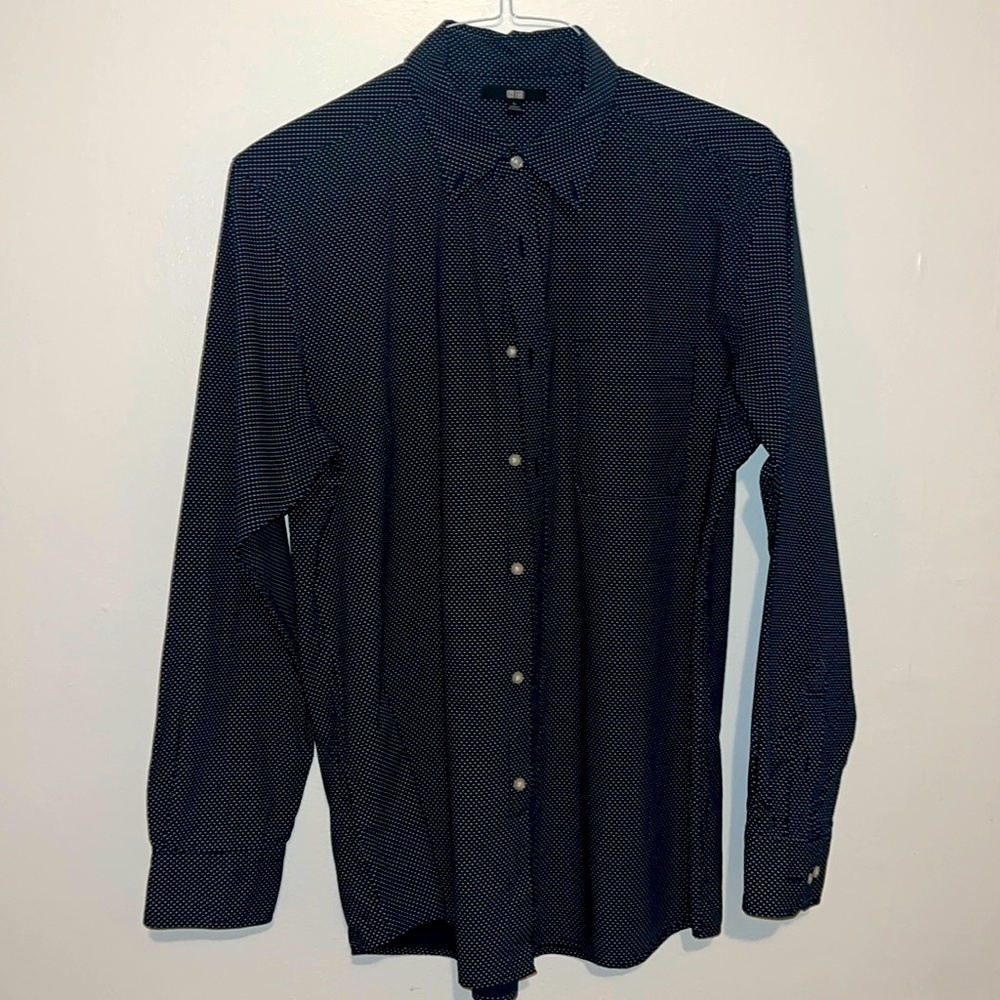 Uniqlo 
navy blue white pokadot button down shirt